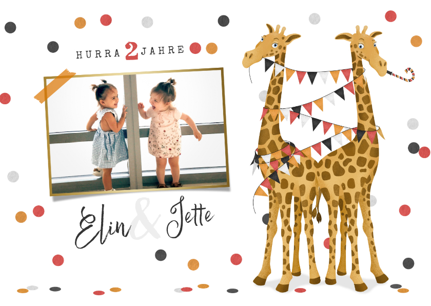 Kindergeburtstag - Einladungskarte Zwillinge Foto, Giraffen und Konfetti