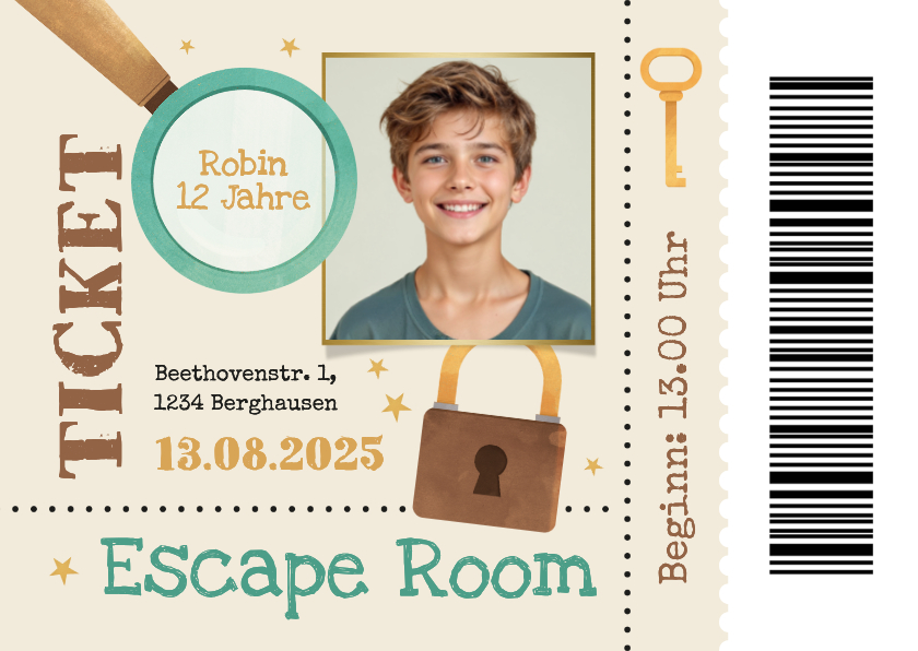 Escape Room Einladungskarte mit Foto Ticket - Kindergeburtstag Kindergeburtstag - Escape Room Einladungskarte mit Foto Ticket