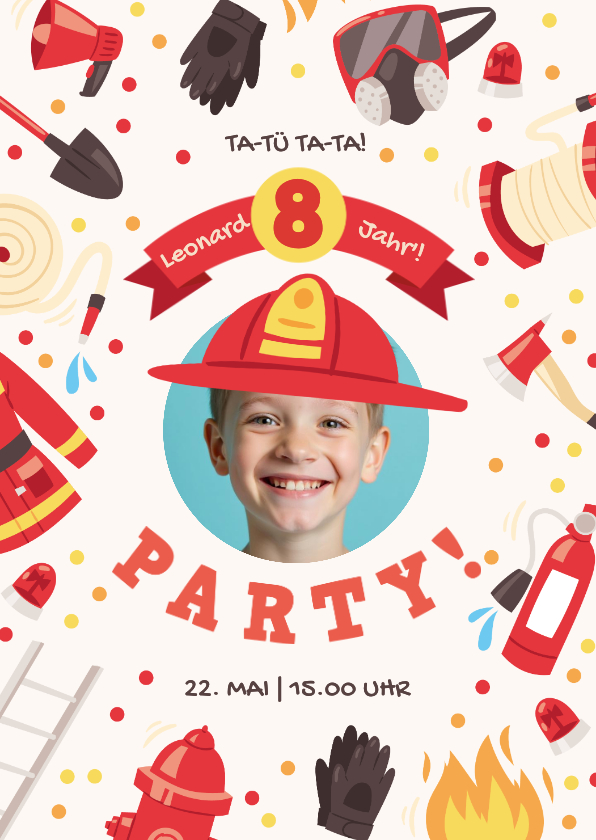 Feuerwehr Geburtstag Einladung 8 Jahre mit Foto - Kindergeburtstag Kindergeburtstag - Feuerwehr Geburtstag Einladung 8 Jahre mit Foto