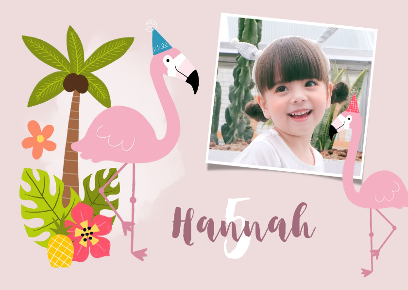 Kindergeburtstag - Flamingo Einladung zum Kindergeburtstag mit Foto und Palmen