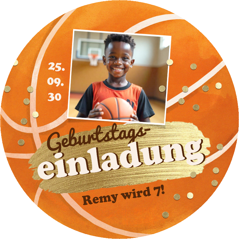 Foto-Einladungskarte Basketball rund Kindergeburtstag Sport - Kindergeburtstag Kindergeburtstag - Foto-Einladungskarte Basketball rund Kindergeburtstag Sport
