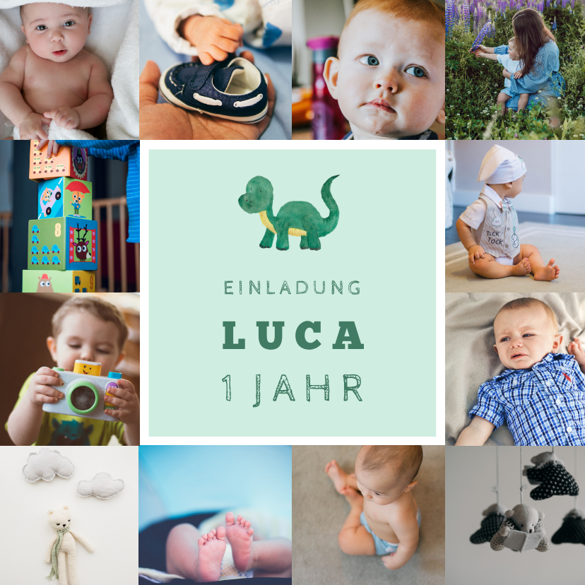 Kindergeburtstag - Fotocollage-Einladung mit Dinosaurier