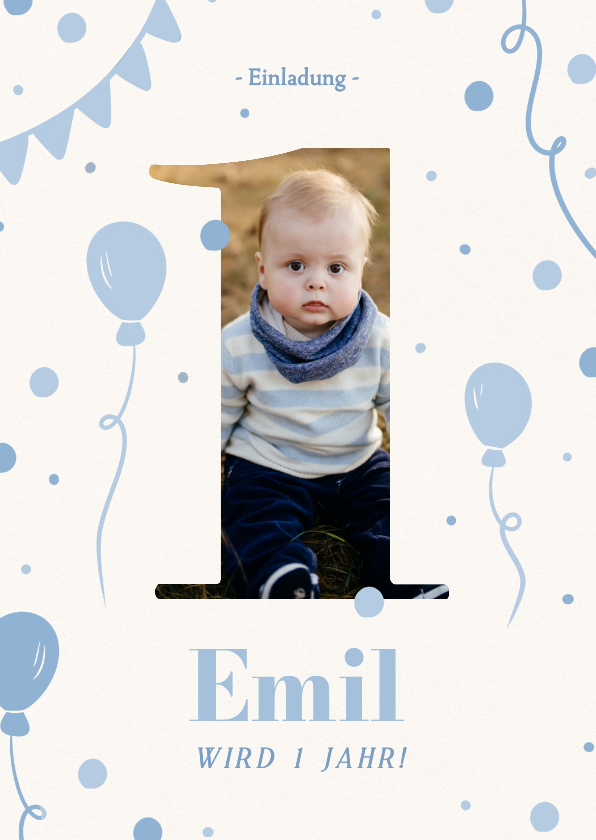 Geburtstagseinladung 1 Jahr Fotokarte Luftballons in Blau - Kindergeburtstag Kindergeburtstag - Geburtstagseinladung 1 Jahr Fotokarte Luftballons in Blau