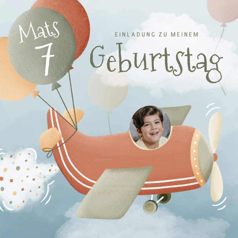 Geburtstagseinladung 7. Kindergeburtstag Flugzeug & Foto - Kindergeburtstag Kindergeburtstag - Geburtstagseinladung 7. Kindergeburtstag Flugzeug & Foto