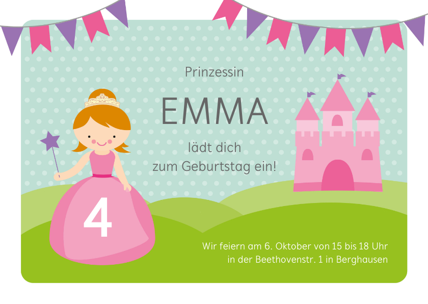 Kindergeburtstag - Geburtstagseinladung mit Prinzessin und Schloss