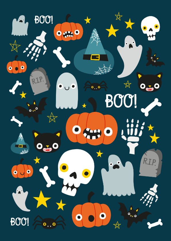 Kindergeburtstag - Halloween Karte mit fröhlichen Abbildungen