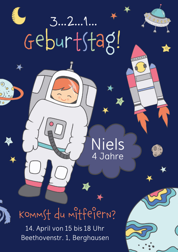 Kindergeburtstag - Kindergeburtstag Einladung Astronaut im Weltall