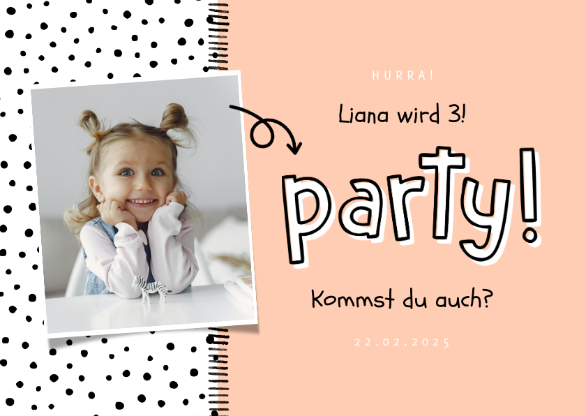Kindergeburtstag - Kindergeburtstag Einladung eigenes Foto, Punkte und 'Party!'
