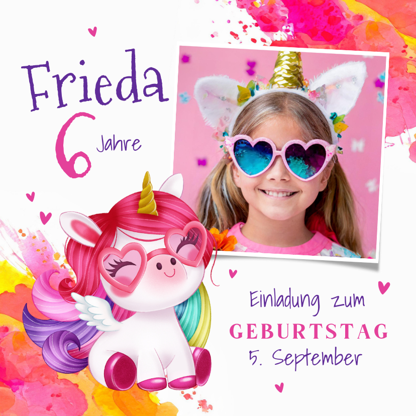 Kindergeburtstag - Kindergeburtstag Einladung Foto & buntes Einhorn mit Brille