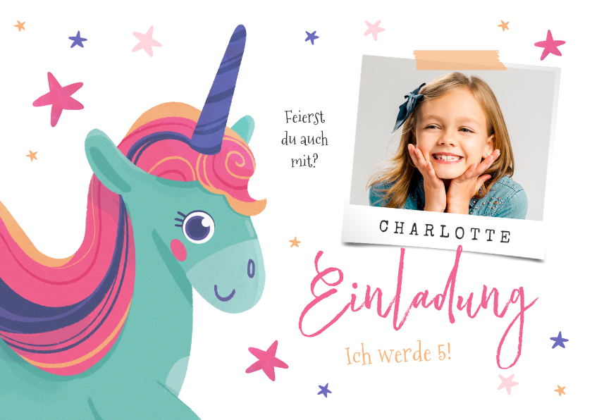 Kindergeburtstag - Kindergeburtstag Einladungskarte Einhorn & Foto