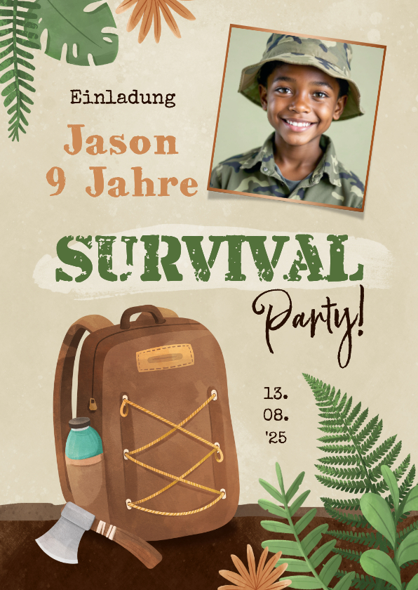 Kindergeburtstag Survival Outdoor Einladung mit Foto - Kindergeburtstag Kindergeburtstag - Kindergeburtstag Survival Outdoor Einladung mit Foto
