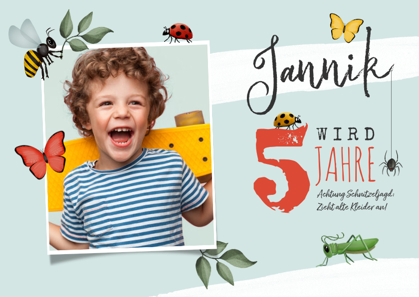 Kindergeburtstags-Einladung Foto & Insekten 5 Jahre - Kindergeburtstag Kindergeburtstag - Kindergeburtstags-Einladung Foto & Insekten 5 Jahre