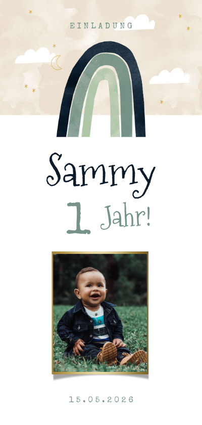 Kindergeburtstag - Längliche Einladung Kindergeburtstag mit Foto & Regenbogen