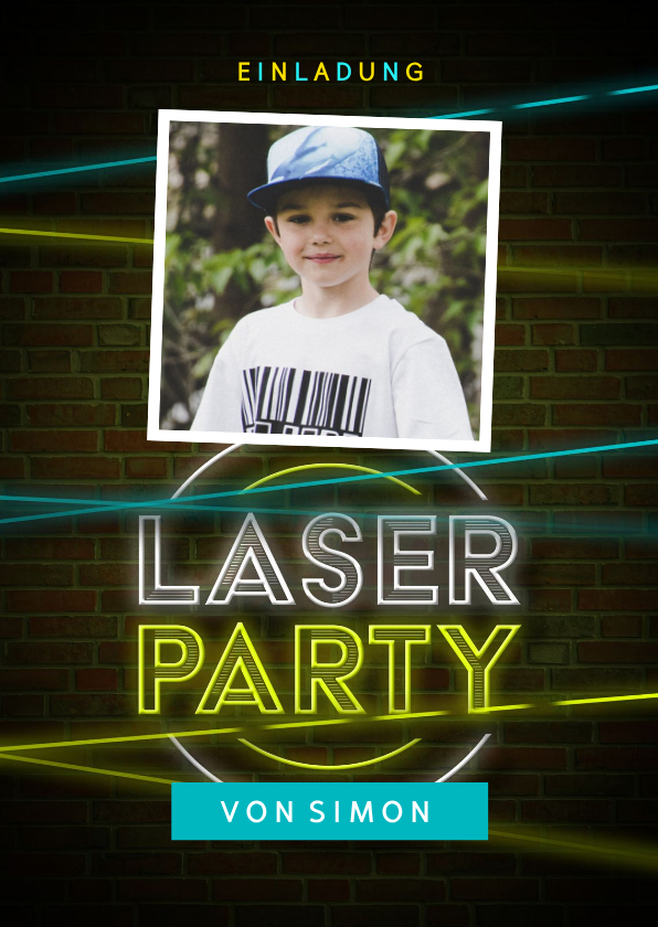 Kindergeburtstag - Lasertag Kindergeburtstag Einladung gelb mit Foto