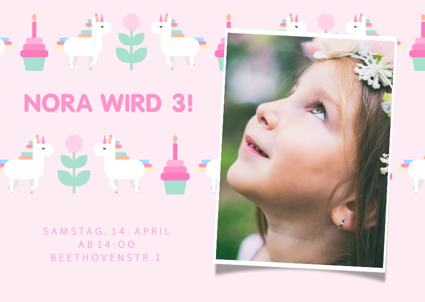 Kindergeburtstag - Rosa Einladung mit Foto, Einhorn und Cupcakes