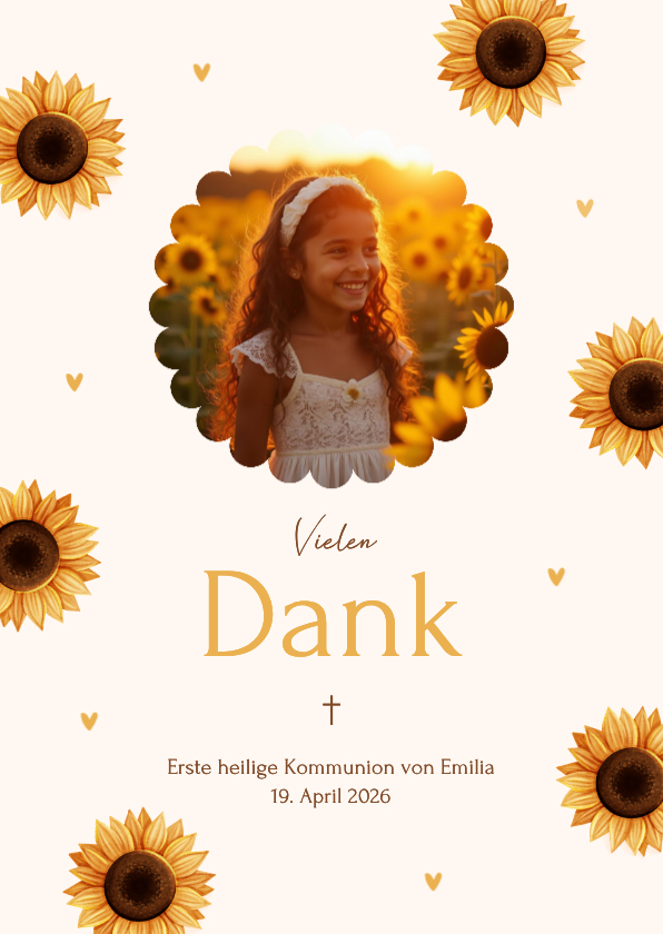 Kommunionskarten - Dankeskarte Foto Sonnenblumen Herzchen Beige