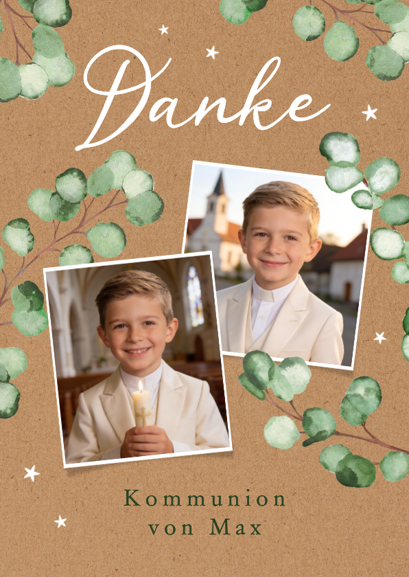 Kommunionskarten - Dankeskarte Fotocollage Kommunion Eukalyptus auf Kraft