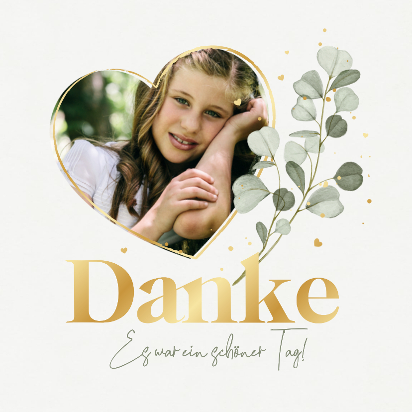 Dankeskarte Kommunion Herzfoto, Eukalyptus & Golddruck - Kommunionskarten Kommunionskarten - Dankeskarte Kommunion Herzfoto, Eukalyptus & Golddruck