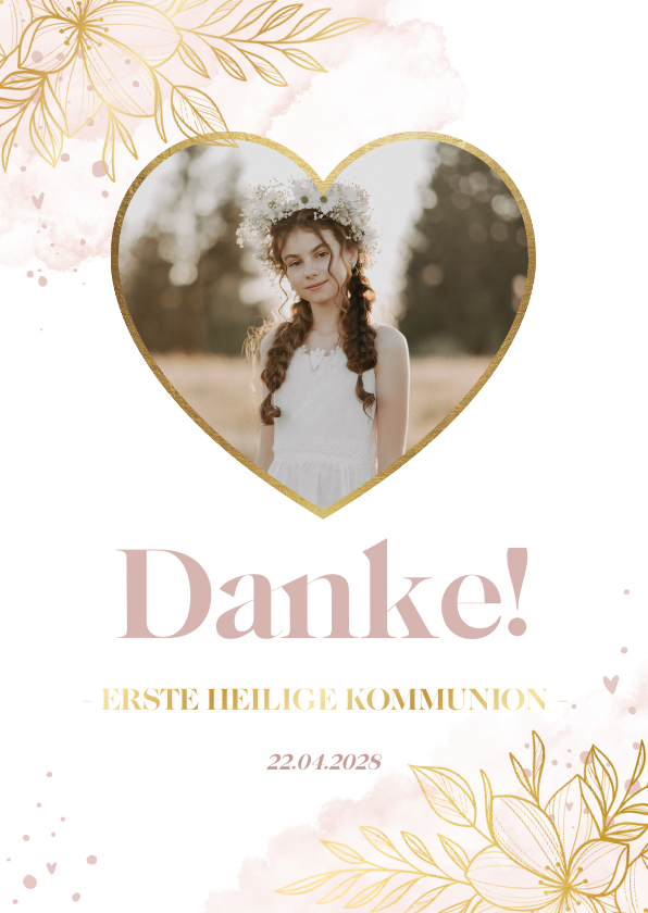 Kommunionskarten - Dankeskarte Kommunion Wasserfarben Blumen & Herz Foto