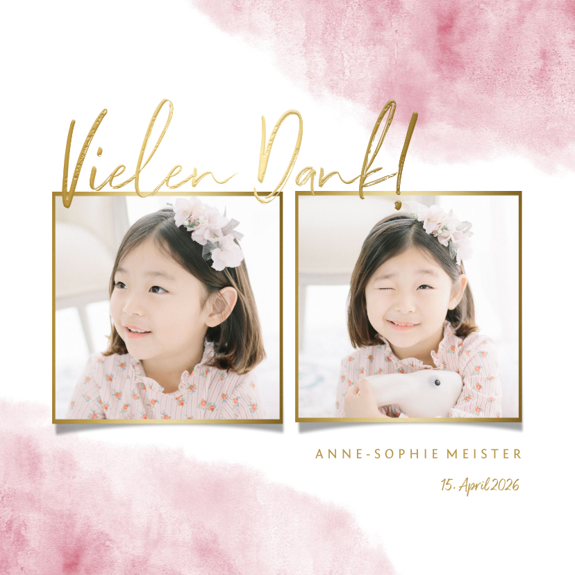 Dankeskarte zur Kommunion Fotos, Goldlook & Wasserfarbe - Kommunionskarten Kommunionskarten - Dankeskarte zur Kommunion Fotos, Goldlook & Wasserfarbe