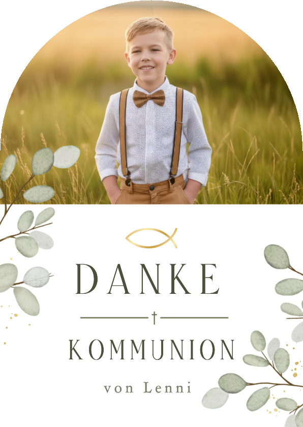 Kommunionskarten - Danksagung Foto-Bogenkarte Kommunion Eukalyptus Ichthys 