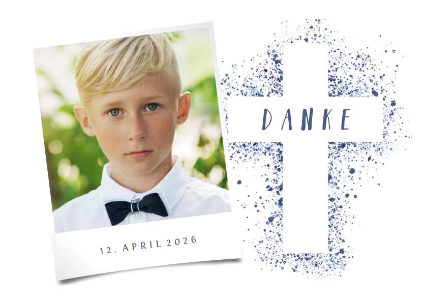 Danksagung Kommunion eigenes Foto blau Kreuz Farbspritzer - Kommunionskarten Kommunionskarten - Danksagung Kommunion eigenes Foto blau Kreuz Farbspritzer