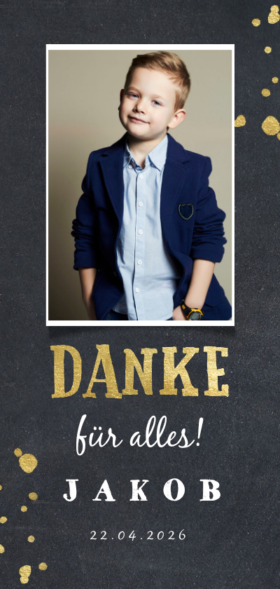 Kommunionskarten - Danksagung Kommunion Foto, Kreidetafel & Goldoptik