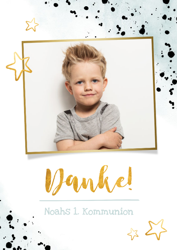 Danksagung Kommunion Goldlook blau mit Foto & Wasserfarbe - Kommunionskarten Kommunionskarten - Danksagung Kommunion Goldlook blau mit Foto & Wasserfarbe