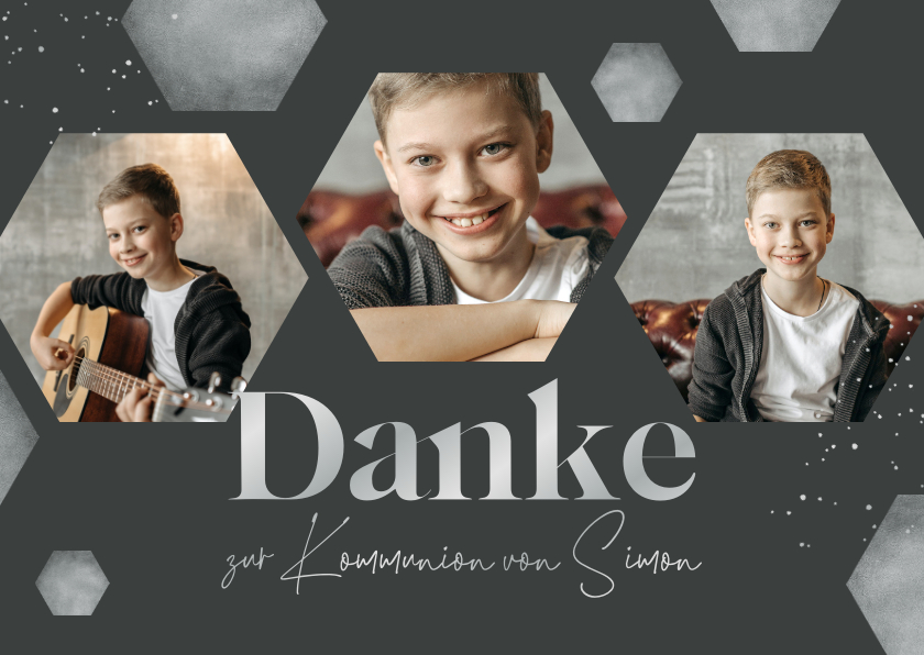 Danksagung zur Kommunion graue Sechsecke & Fotos - Kommunionskarten Kommunionskarten - Danksagung zur Kommunion graue Sechsecke & Fotos