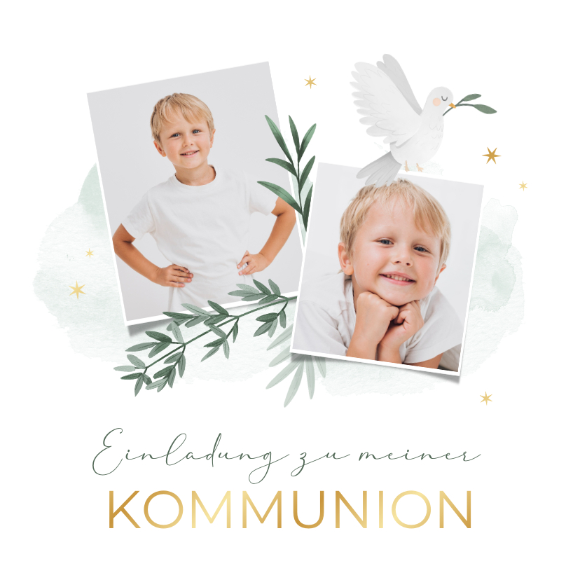Kommunionskarten - Einladung Erstkommunion Fotos, Zweige und Taube