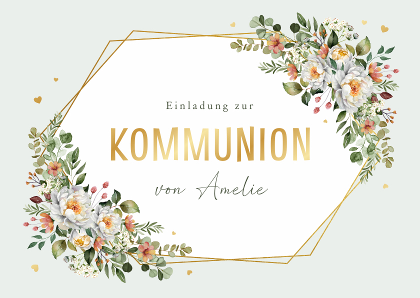 Kommunionskarten - Einladung Kommunion Blumenbukett Golddruck