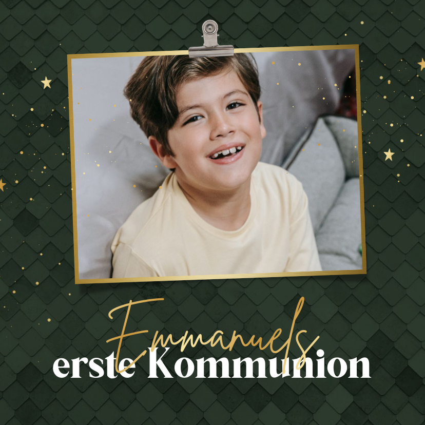 Kommunionskarten - Einladung Kommunion dunkelgrün, Foto & Gold