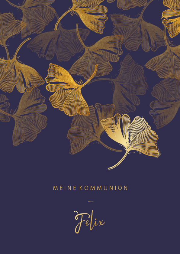Kommunionskarten - Einladung Kommunion Foto innen Stempel blau Ginkgoblätter