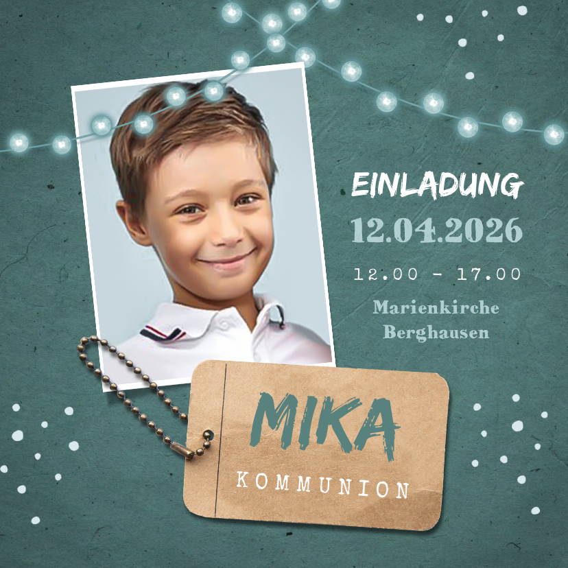 Kommunionskarten - Einladung Kommunion mit Foto, Label und Girlanden