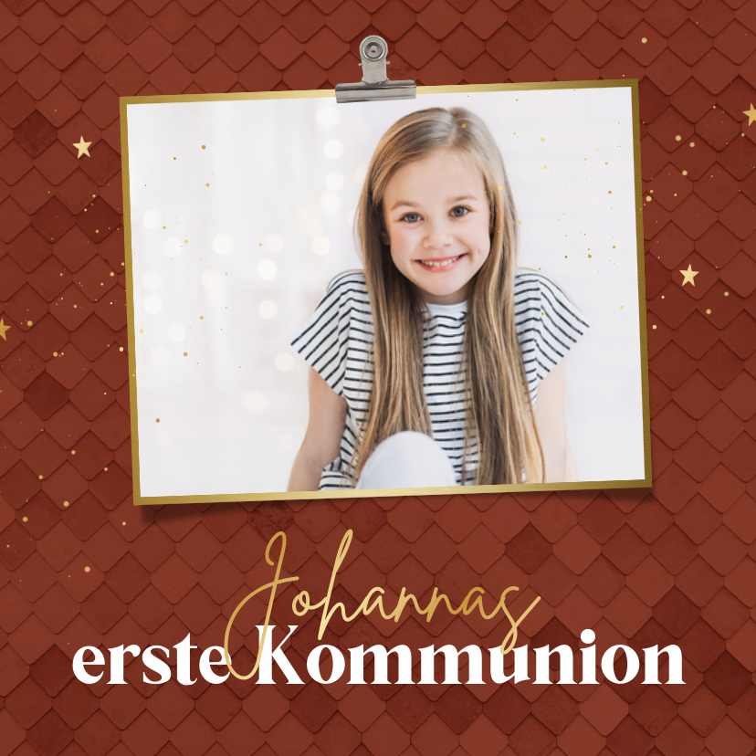 Kommunionskarten - Einladung Kommunion rostbraun, Foto & Gold