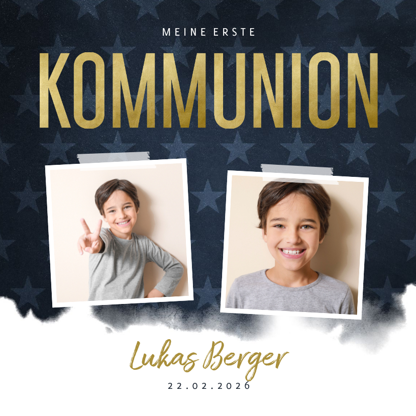 Einladung Kommunion zwei Fotos, Wasserfarbe und Sterne - Kommunionskarten Kommunionskarten - Einladung Kommunion zwei Fotos, Wasserfarbe und Sterne