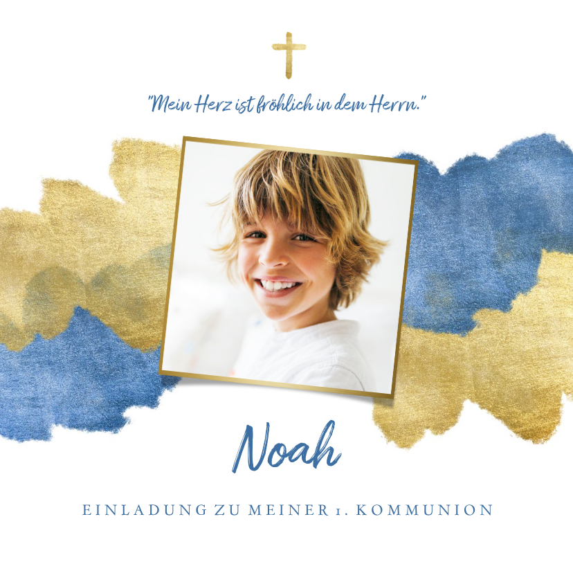 Kommunionskarten - Einladung zur Kommunion blaue Metallic-Akzente und Foto