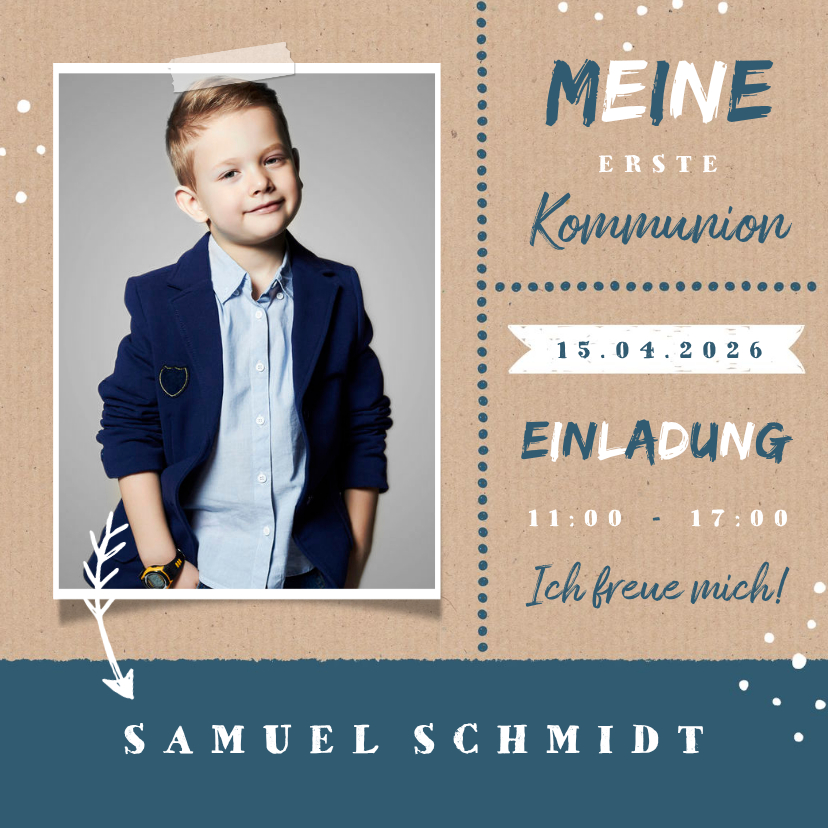 Einladung zur Kommunion Foto auf Kraftpapier - Kommunionskarten Kommunionskarten - Einladung zur Kommunion Foto auf Kraftpapier