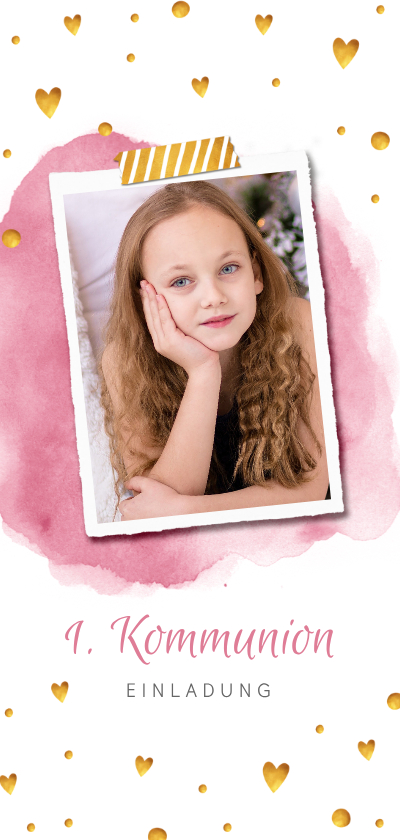 Kommunionskarten - Einladung zur Kommunion Foto, Herzen und Wasserfarbe