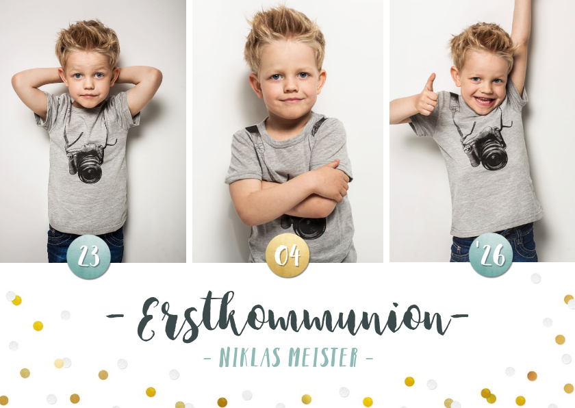 Einladung zur Kommunion Fotocollage & Konfetti blau - Kommunionskarten Kommunionskarten - Einladung zur Kommunion Fotocollage & Konfetti blau