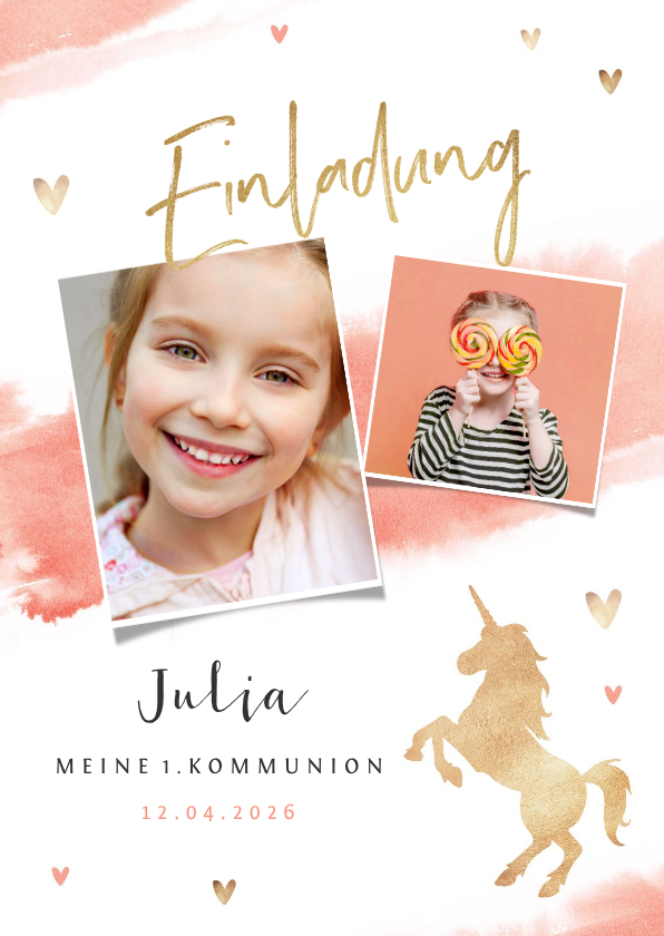 Einladung zur Kommunion Fotos & goldenes Einhorn - Kommunionskarten Kommunionskarten - Einladung zur Kommunion Fotos & goldenes Einhorn
