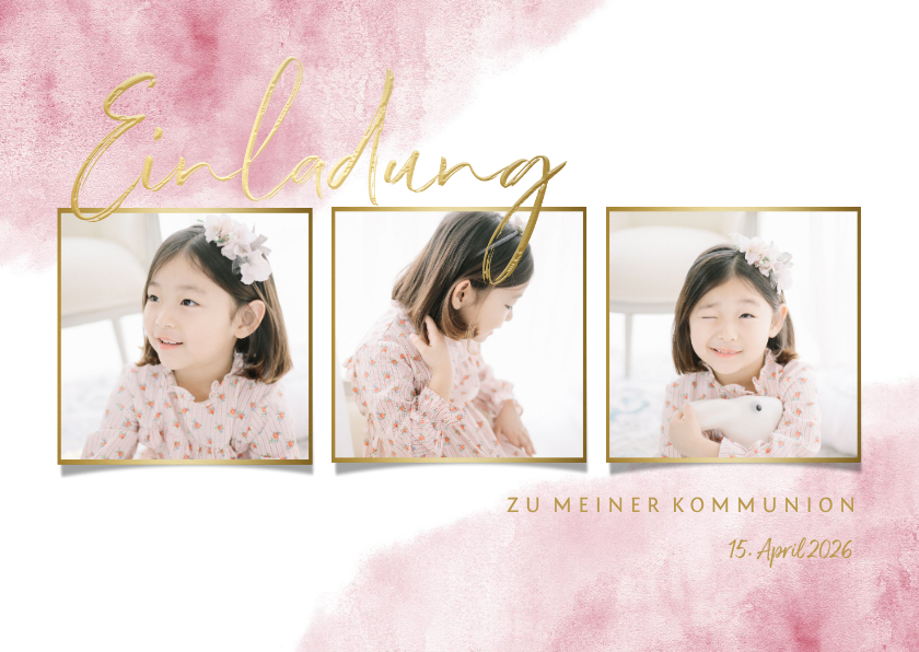 Kommunionskarten - Einladung zur Kommunion Fotos, Goldlook & Wasserfarbe