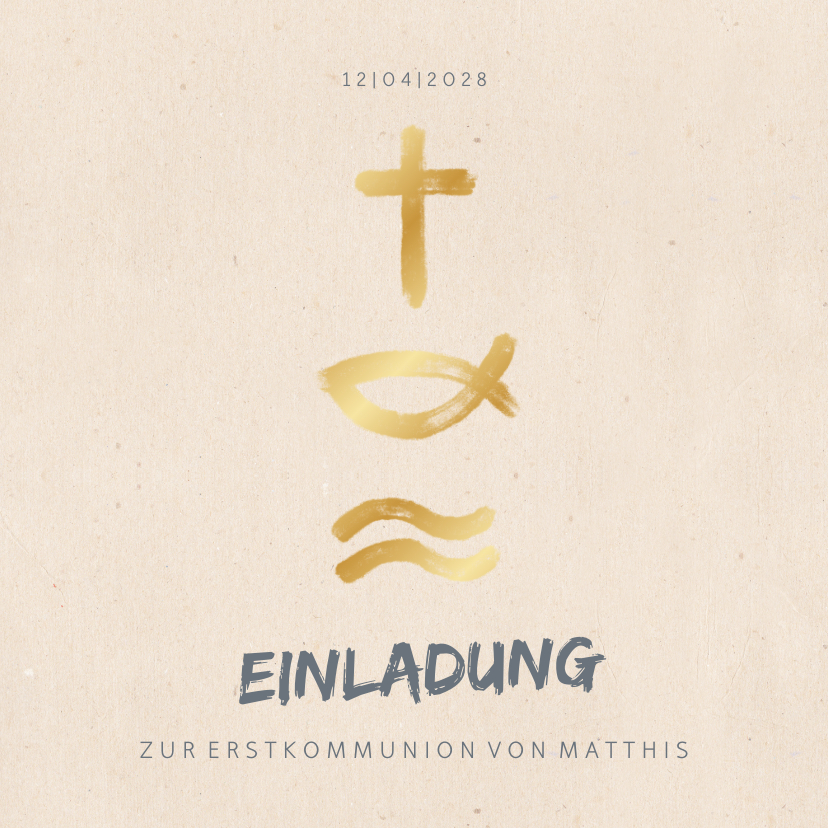 Einladung zur Kommunion Symbole in Gold - Kommunionskarten Kommunionskarten - Einladung zur Kommunion Symbole in Gold