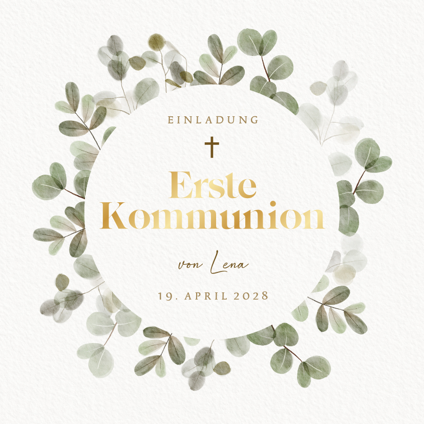Kommunionskarten - Einladung zur Kommunionsfeier Eukalyptuskranz & Goldlook