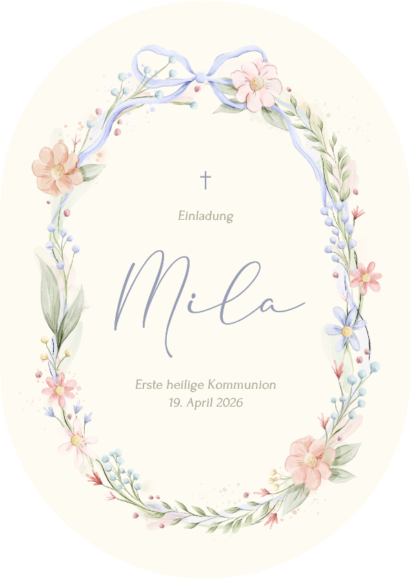 Kommunionskarten - Einladungskarte Bogenform Blumenkranz Kommunion beige