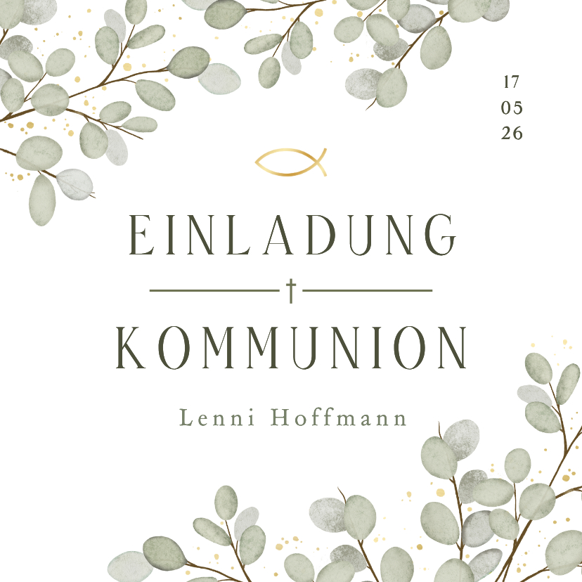 Kommunionskarten - Einladungskarte Eukalyptuszweige Goldkleckse Kommunion