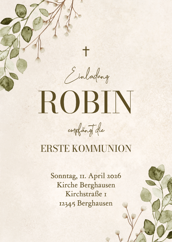 Einladungskarte Kommunion Sand Aquarell Eukalyptus - Kommunionskarten Kommunionskarten - Einladungskarte Kommunion Sand Aquarell Eukalyptus