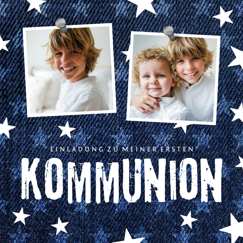 Kommunionskarten - Einladungskarte zur Kommunion Denimlook mit Fotos