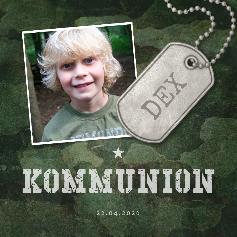 Kommunionskarten - Einladungskarte zur Kommunion grüner Militarylook mit Fotos