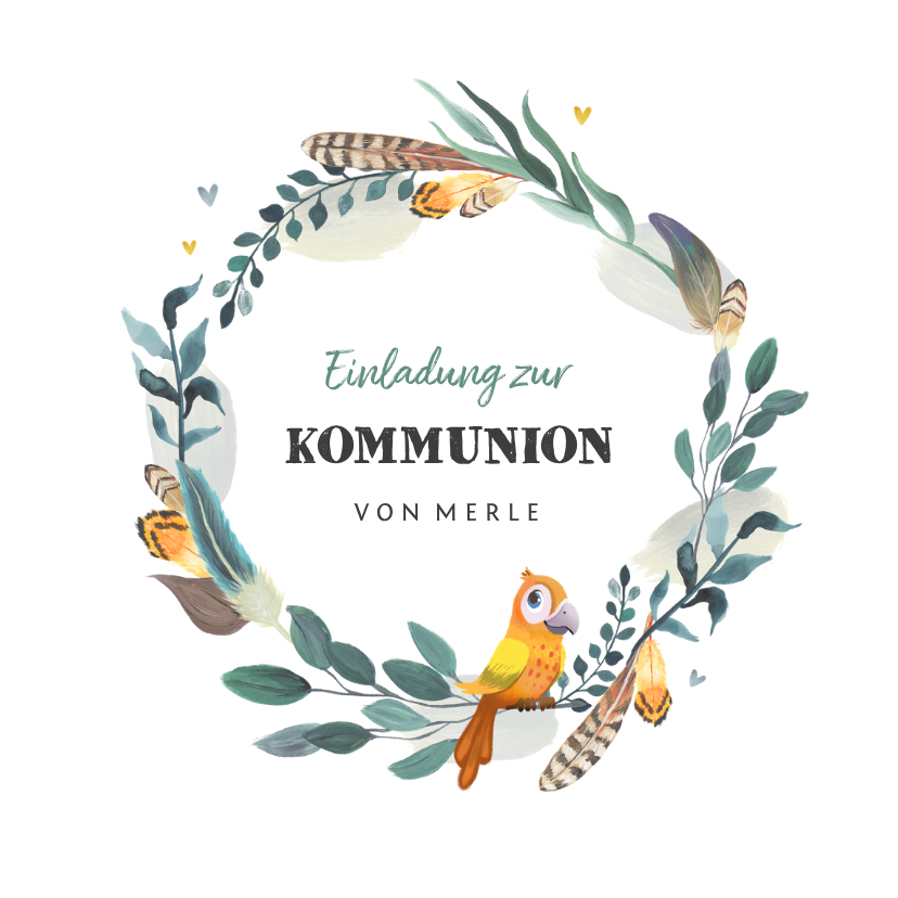Einladungskarte zur Kommunion Papagei in Kranz - Kommunionskarten Kommunionskarten - Einladungskarte zur Kommunion Papagei in Kranz